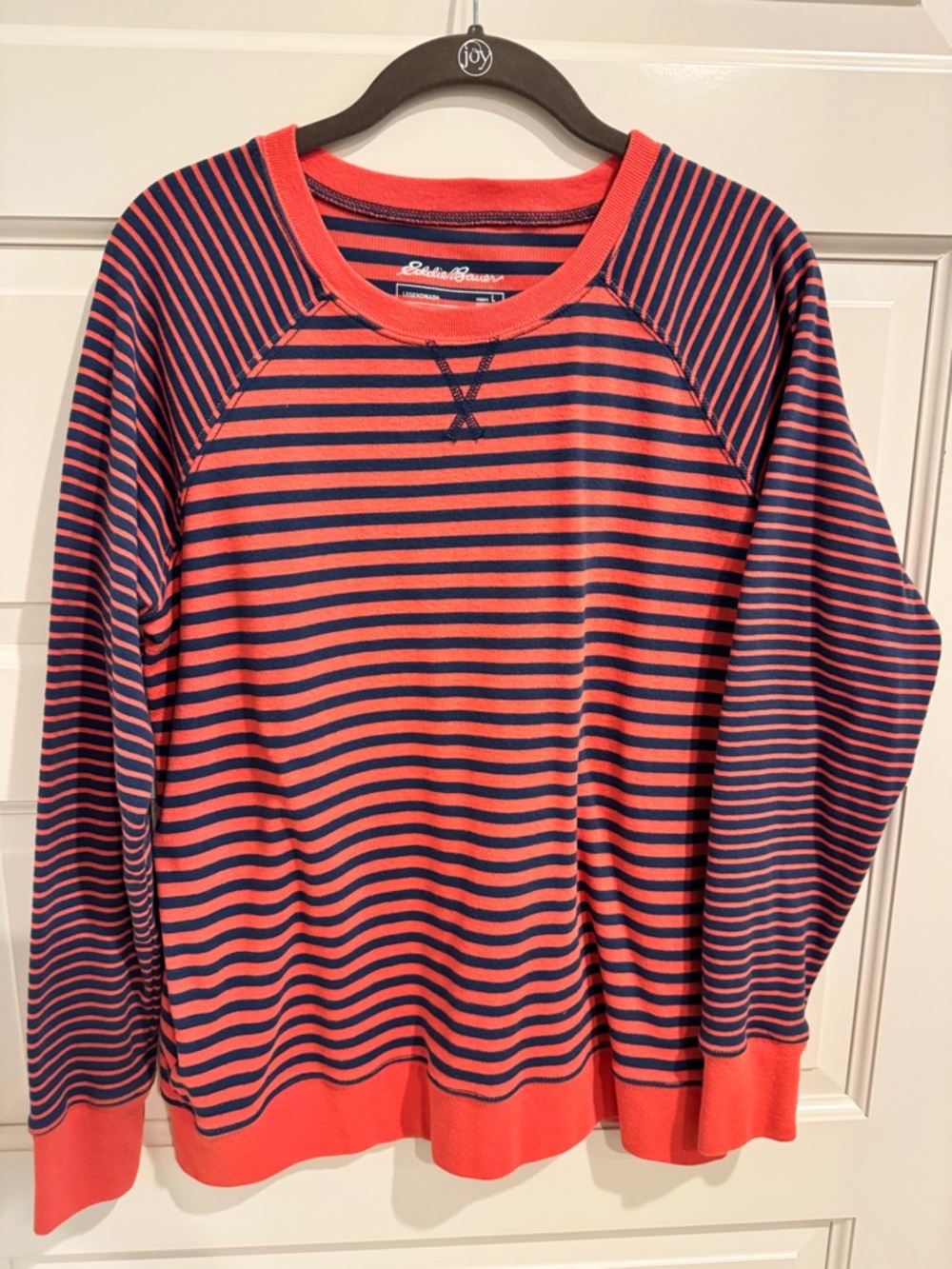 Eddie Bauer Orange and Navy Striped Crewneck Pullover